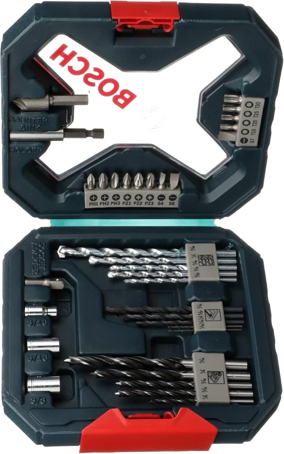 An interior view of the Bosch MS4034 case displaying the full 34-piece assortment, including a magnetic bit holder, countersink, socket adapter, and specialized bits for wood, metal, and masonry applications.