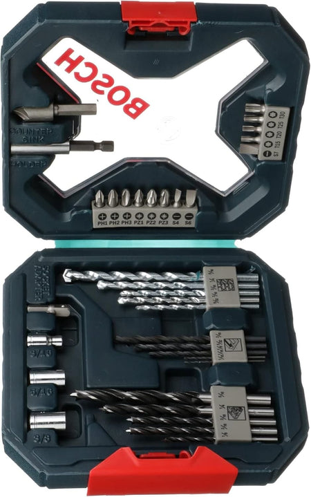 An interior view of the Bosch MS4034 case displaying the full 34-piece assortment, including a magnetic bit holder, countersink, socket adapter, and specialized bits for wood, metal, and masonry applications.