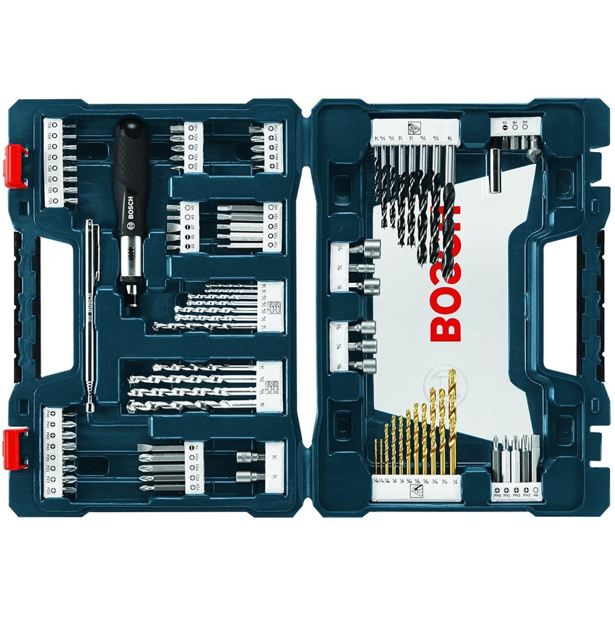 A comprehensive overhead shot of the open Bosch MS4091 mixed accessory set, showcasing a professional variety of 91 pieces including titanium, masonry, and brad point drill bits, various screwdriver bits, nut setters, and a ratcheting screwdriver organized within a durable hard case.