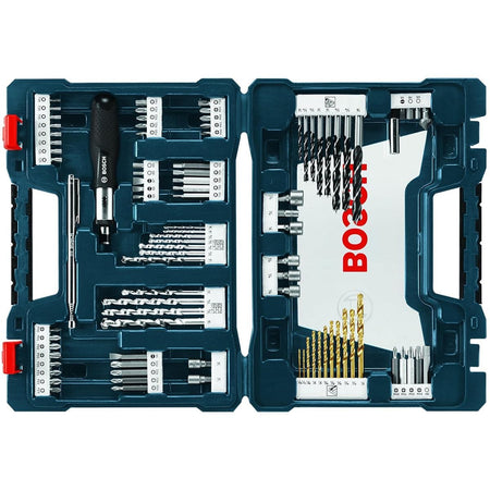 A comprehensive overhead shot of the open Bosch MS4091 mixed accessory set, showcasing a professional variety of 91 pieces including titanium, masonry, and brad point drill bits, various screwdriver bits, nut setters, and a ratcheting screwdriver organized within a durable hard case.