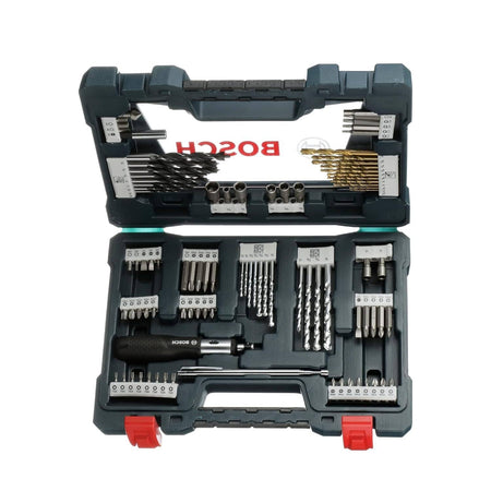 Front view of the Bosch 91-piece drilling and driving set in its open carrying case, displaying the systematic organization of high-grade accessories for wood, metal, and masonry applications.