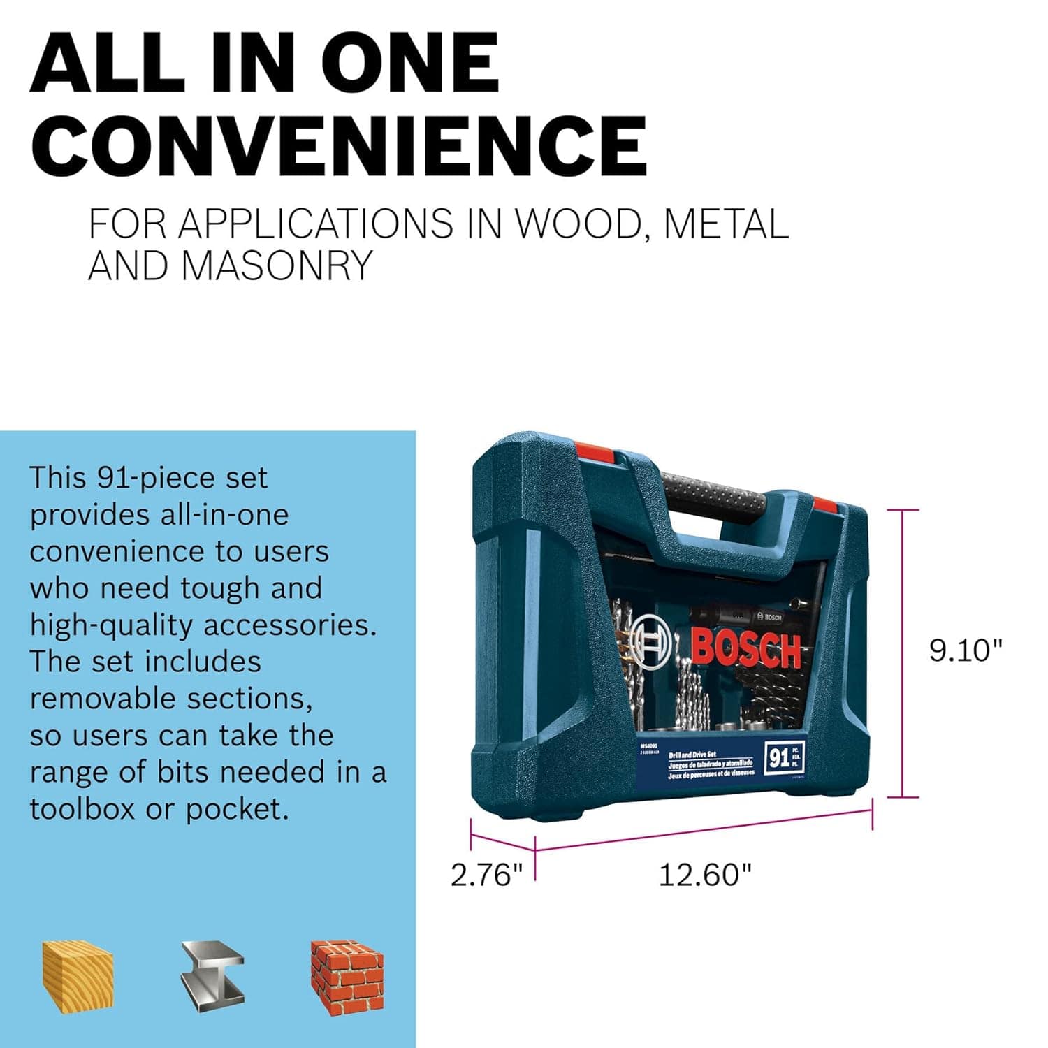 An informational graphic emphasizing all-in-one convenience for wood, metal, and masonry projects, featuring the closed hard case with dimensional measurements of 12.60 inches wide, 9.10 inches high, and 2.76 inches deep.