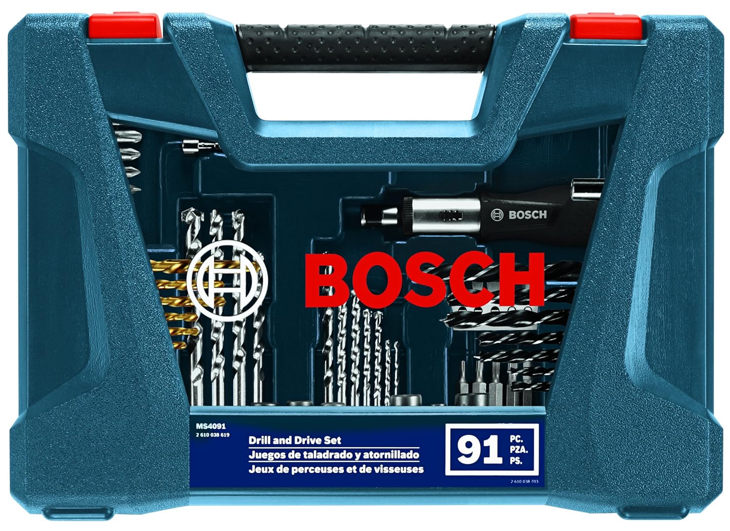 Direct front view of the closed Bosch MS4091 hard storage case, showcasing the rugged blue and black design with red latches and a clear window to easily identify the 91 included accessories.