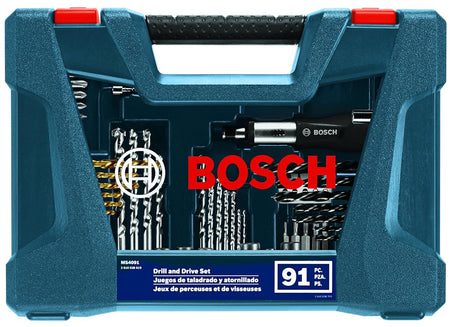 Direct front view of the closed Bosch MS4091 hard storage case, showcasing the rugged blue and black design with red latches and a clear window to easily identify the 91 included accessories.