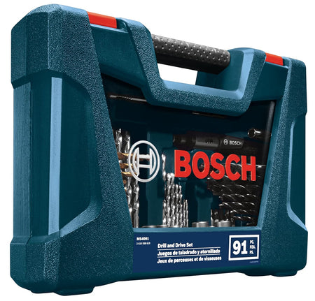 Perspective view of the high-quality Bosch mixed bit set case, highlighting the portable and secure storage solution designed to protect drilling and driving accessories on the jobsite.