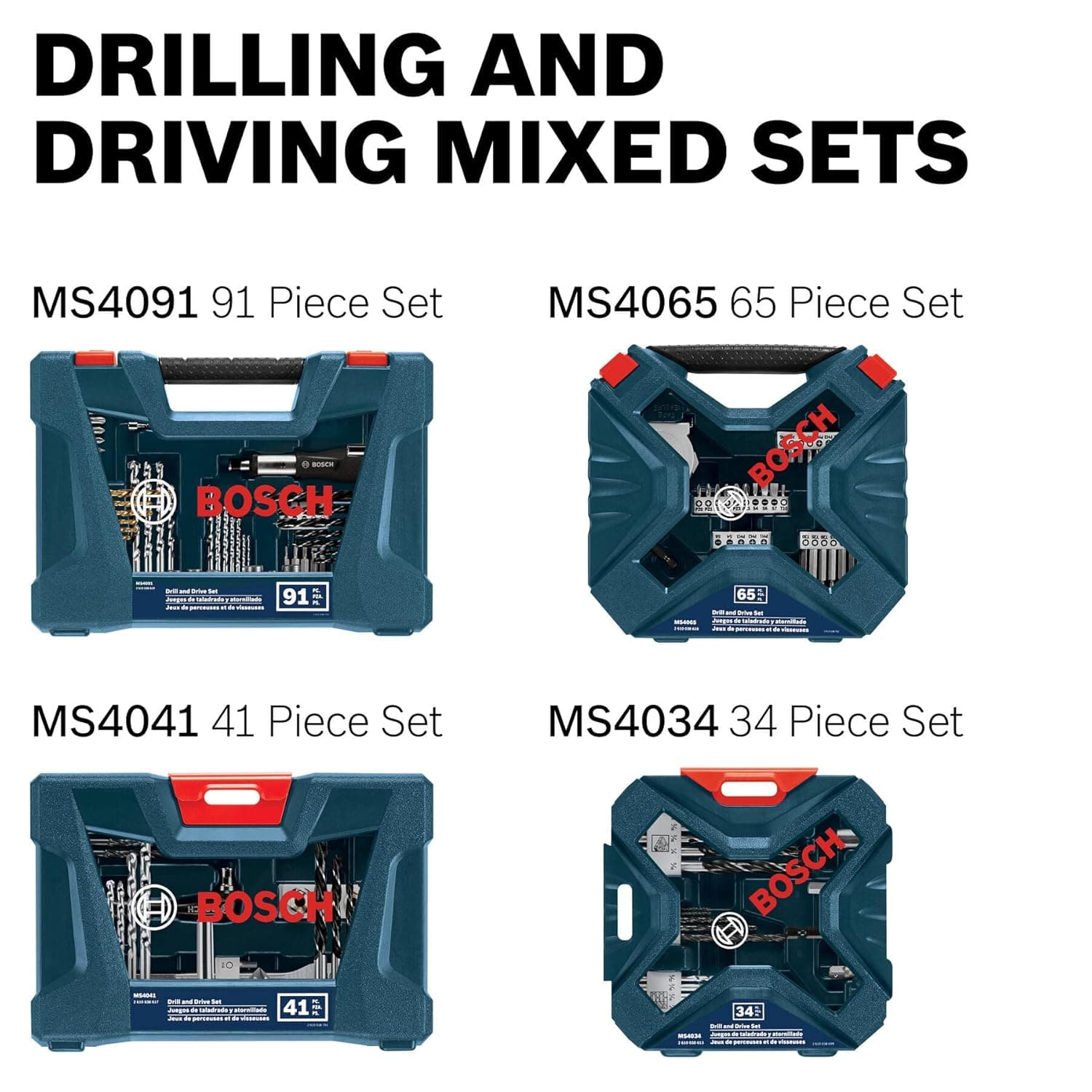A product comparison graphic displaying four different Bosch drilling and driving mixed sets, ranging from 34-piece to 91-piece options, to help users select the right accessory kit for their needs.
