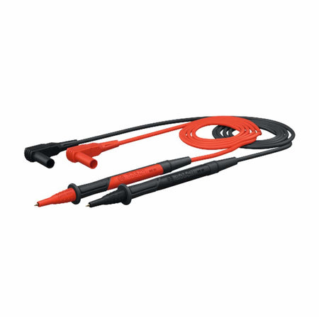 A high-conversion studio product shot of the red and black Bosch MS90 Professional Test Leads pair isolated against a clean white background. The image clearly displays the coiled premium double-insulated silicone cables transitioning to sharp diagnostic probe tips with removable protective caps, alongside their corresponding right-angle shrouded terminal connection plugs.