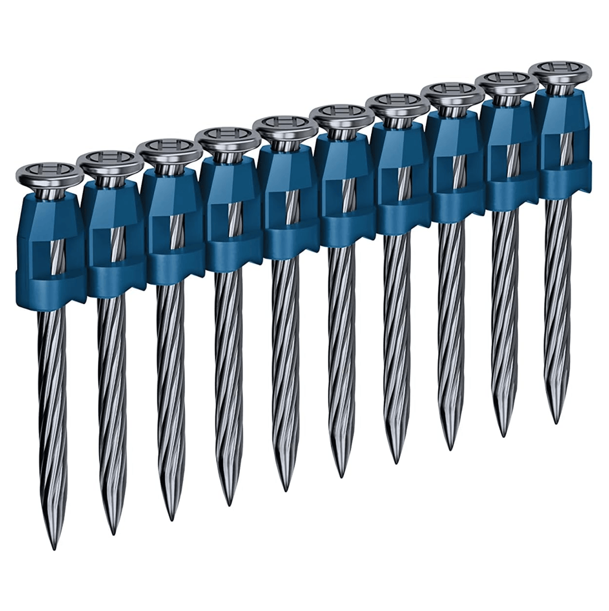An isometric studio graphic of a single collated strip containing ten Bosch NK-138 1-3/8 inch concrete pins, showcasing the blue plastic collation band holding the full round nail heads and the knurled steel shank structure against a clean white background.