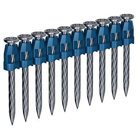 An isometric studio graphic of a single collated strip containing ten Bosch NK-138 1-3/8 inch concrete pins, showcasing the blue plastic collation band holding the full round nail heads and the knurled steel shank structure against a clean white background.