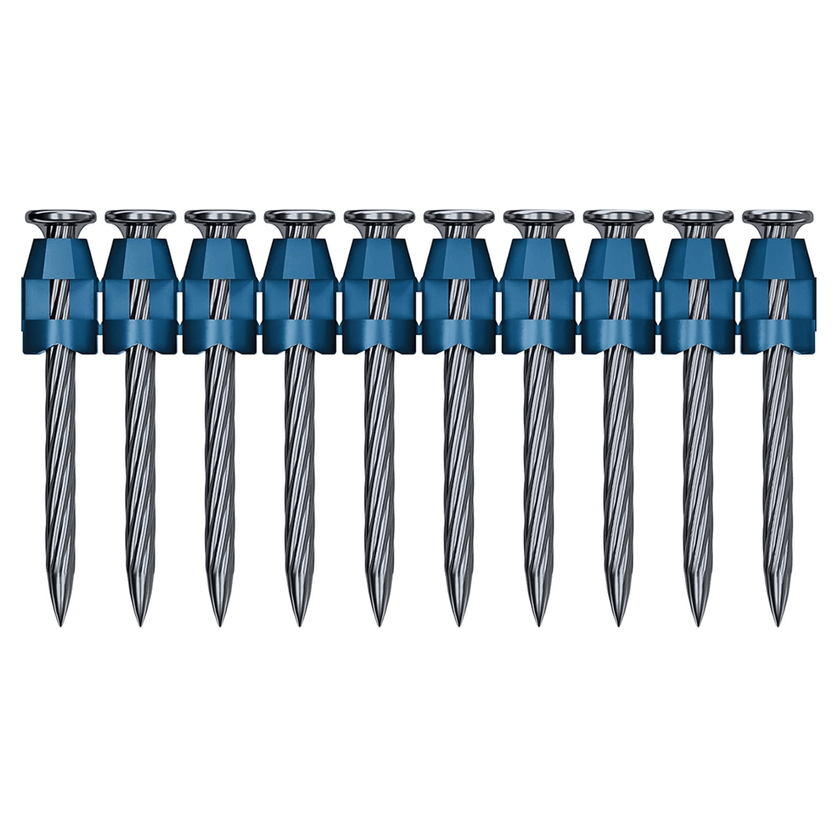 A direct front view product layout of a ten-shot collated strip of Bosch concrete nails, demonstrating the uniform alignment of the knurled steel fasteners held securely in the blue plastic structural matrix.