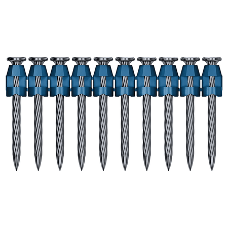 A direct front view product layout of a ten-shot collated strip of Bosch concrete nails, demonstrating the uniform alignment of the knurled steel fasteners held securely in the blue plastic structural matrix.
