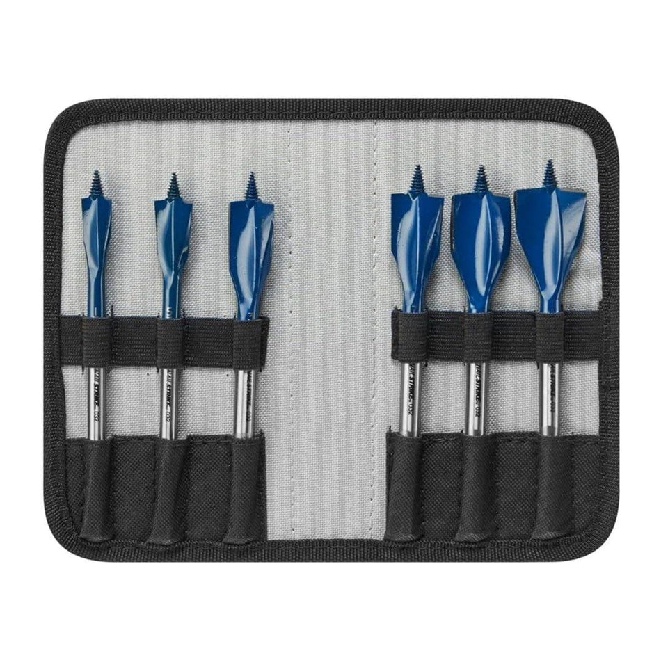 A professional product shot of the Bosch NS5006 Nail Strike set featuring six assorted wood-boring spade bits organized in a durable, heavy-duty black and grey folding storage pouch.