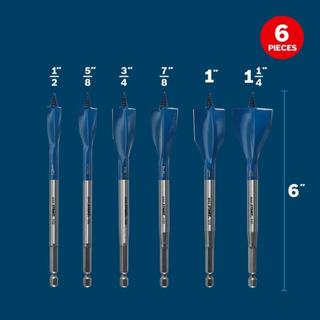 An infographic showcasing the Bosch Nail Strike 6-piece bit set in sizes 1/2 inch, 5/8 inch, 3/4 inch, 7/8 inch, 1 inch, and 1-1/4 inch, highlighting the optimized 6-inch overall length for tight spaces.