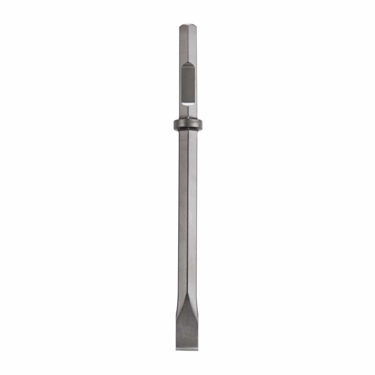 Bosch structural alloy steel flat chisel bit model HS2462 showing a notched hex pneumatic air tool shank with a flat retention notch and a locking collar ring leading to a tapered narrow flat cutting tip for concrete breaker hammers and masonry demolition jackhammers isolated vertically on a white background.