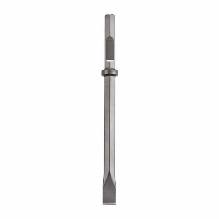 Bosch structural alloy steel flat chisel bit model HS2462 showing a notched hex pneumatic air tool shank with a flat retention notch and a locking collar ring leading to a tapered narrow flat cutting tip for concrete breaker hammers and masonry demolition jackhammers isolated vertically on a white background.