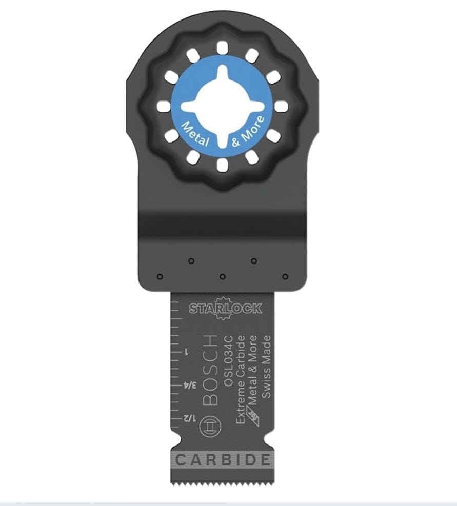 A high-resolution studio shot of the Bosch OSL034C 3/4-inch Starlock carbide plunge cut blade, showcasing the laser-etched Swiss Made branding and the blue Starlock interface designed for heavy-duty metal and wood cutting.