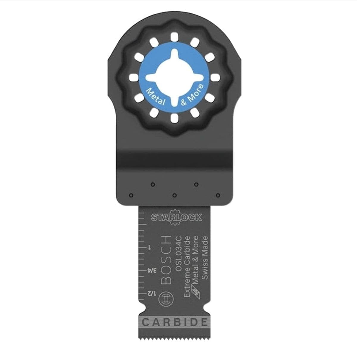 A high-resolution studio shot of the Bosch OSL034C 3/4-inch Starlock carbide plunge cut blade, showcasing the laser-etched Swiss Made branding and the blue Starlock interface designed for heavy-duty metal and wood cutting.