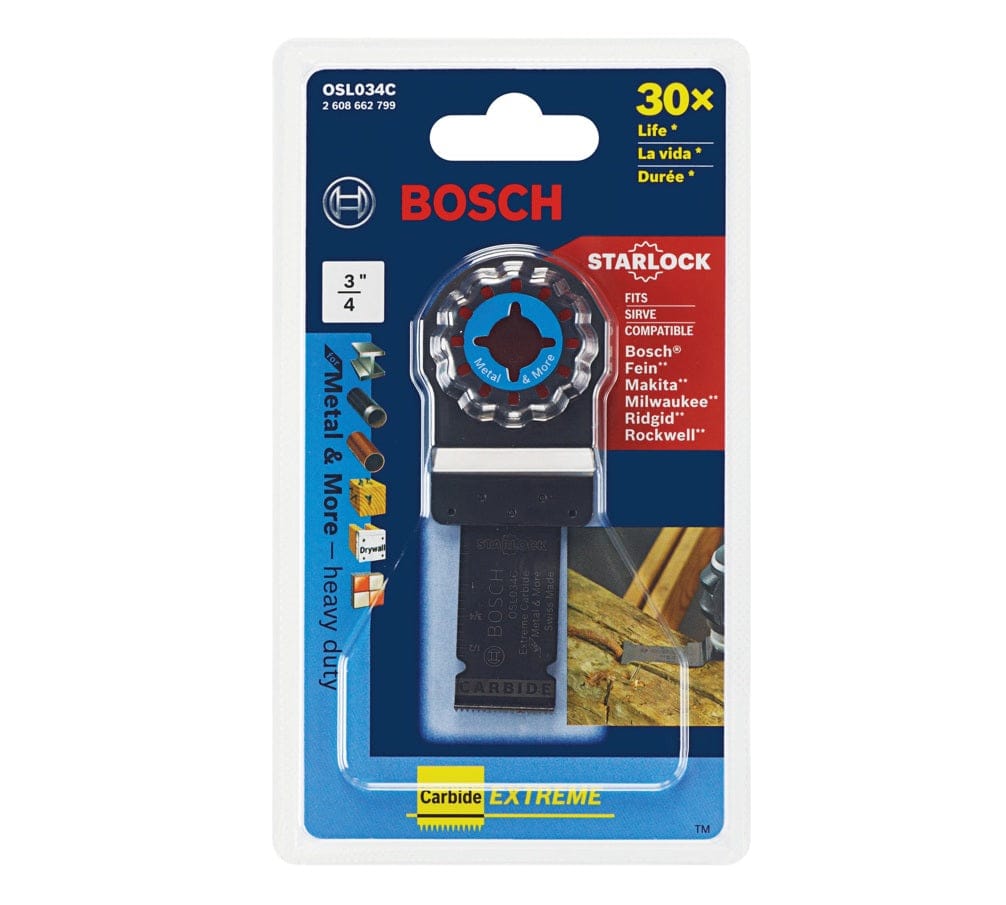 The retail packaging for the Bosch OSL034C carbide extreme oscillating multi-tool blade, highlighting its 30X life compared to bi-metal blades and its compatibility with brands like Bosch, Fein, Makita, and Milwaukee.