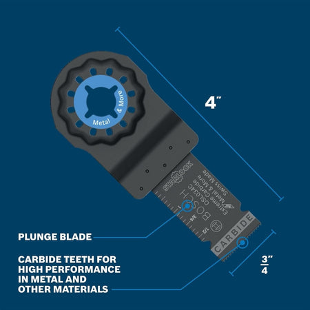 A technical diagram of the Bosch OSL034C plunge blade showing its 4-inch total length and 3/4-inch cutting width, featuring high-performance carbide teeth for cutting iron bar, black pipe, and metal nails.