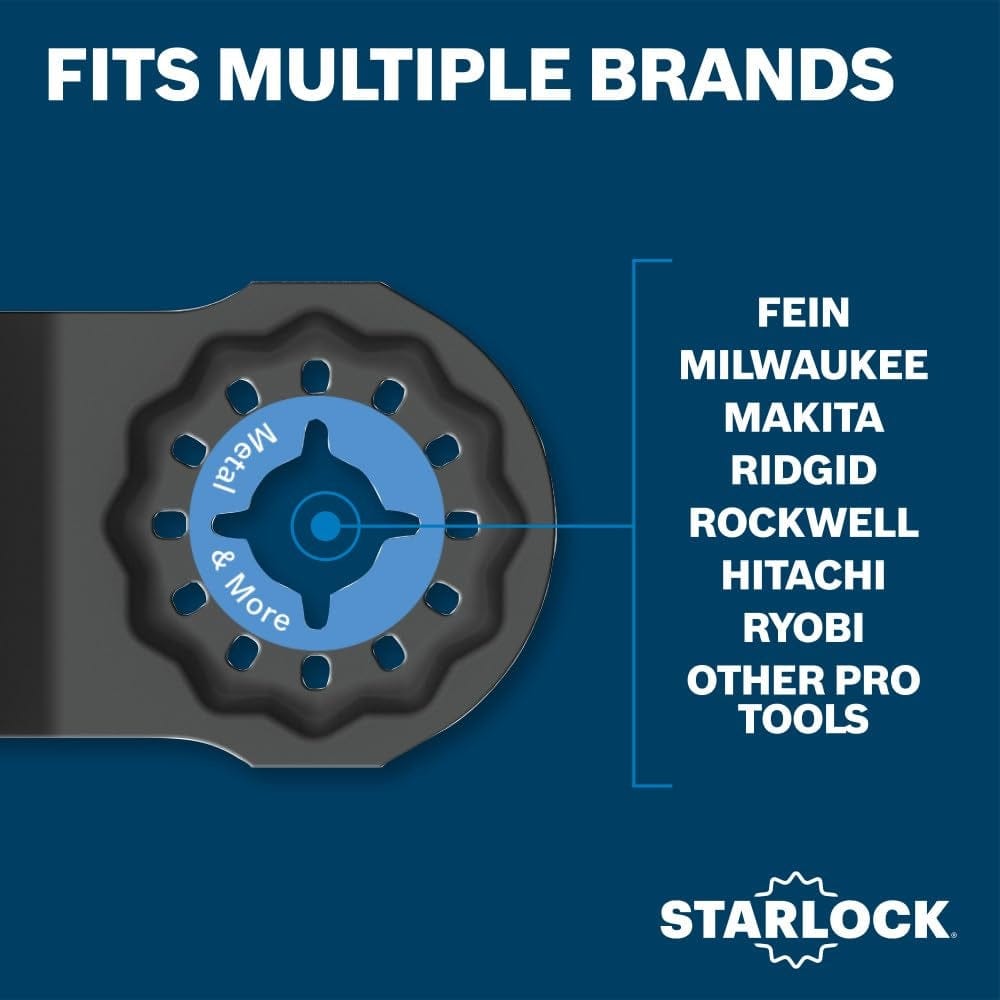 A compatibility graphic for the Starlock interface system, listing its fit with multiple professional tool brands including Fein, Milwaukee, Makita, Ridgid, Rockwell, Hitachi, and Ryobi.
