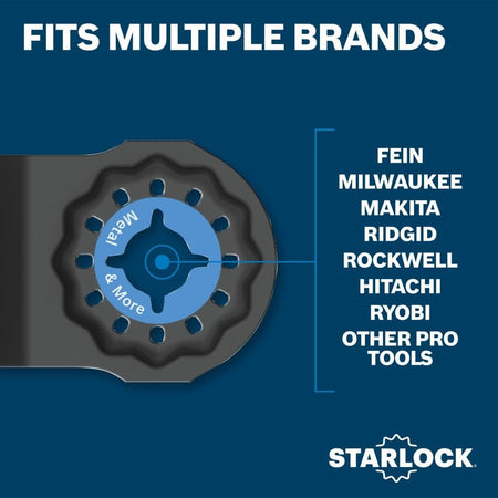 A compatibility graphic for the Starlock interface system, listing its fit with multiple professional tool brands including Fein, Milwaukee, Makita, Ridgid, Rockwell, Hitachi, and Ryobi.