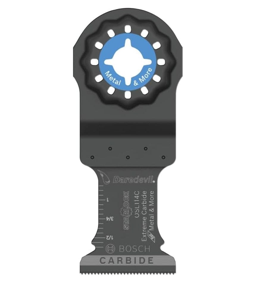 Studio view of the black Bosch OSL114C oscillating tool blade featuring a blue Starlock interface center and laser-etched depth markings.
