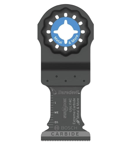 Studio view of the black Bosch OSL114C oscillating tool blade featuring a blue Starlock interface center and laser-etched depth markings.