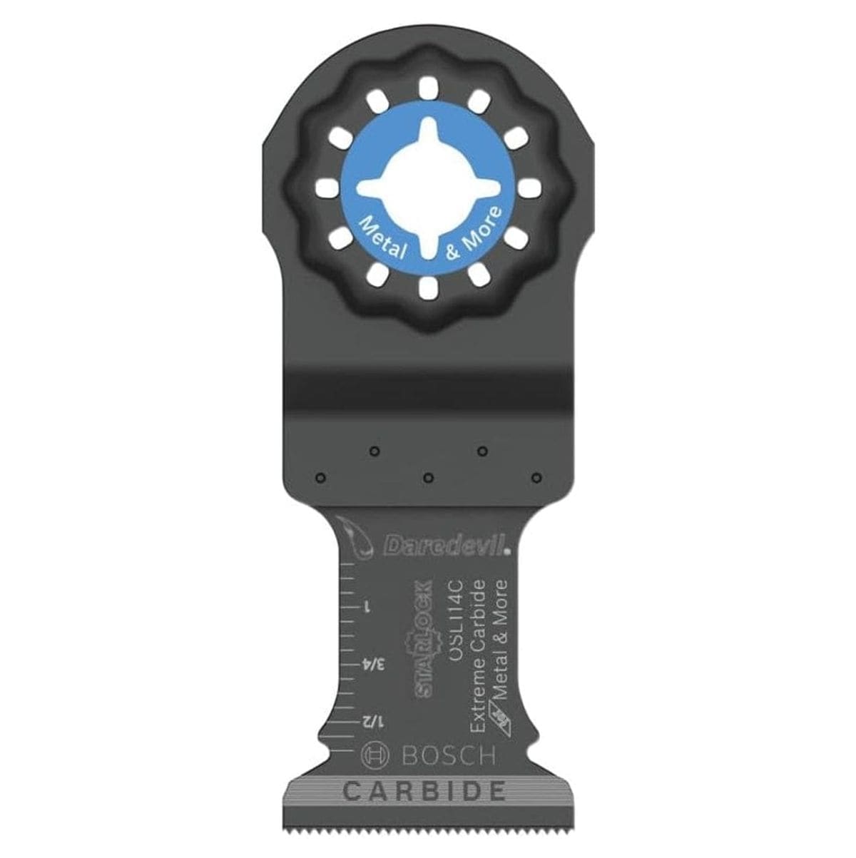 Studio view of the black Bosch OSL114C oscillating tool blade featuring a blue Starlock interface center and laser-etched depth markings.