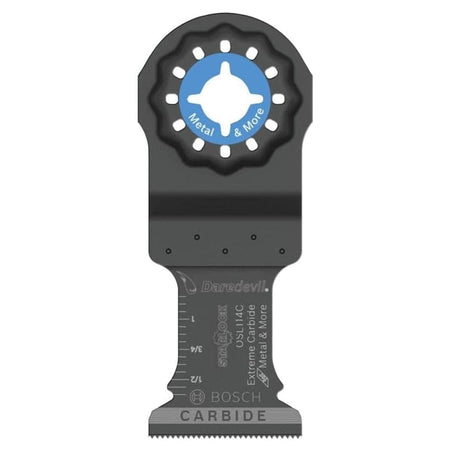 Studio view of the black Bosch OSL114C oscillating tool blade featuring a blue Starlock interface center and laser-etched depth markings.