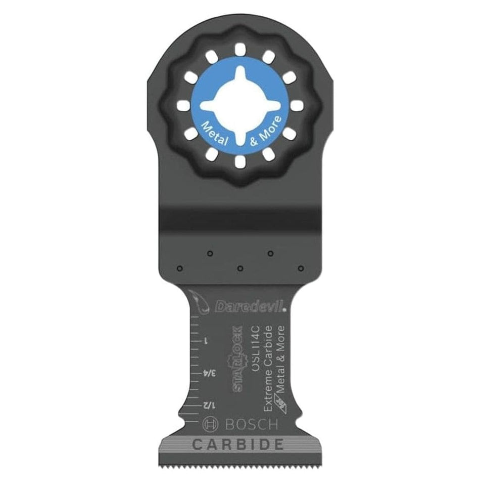 Studio view of the black Bosch OSL114C oscillating tool blade featuring a blue Starlock interface center and laser-etched depth markings.