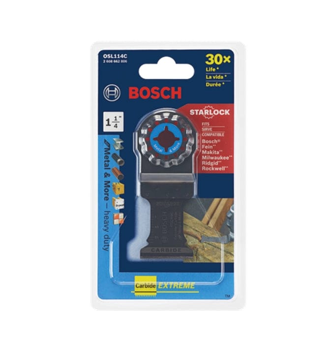 Retail packaging for the Bosch Starlock blade displaying the 30x Life rating, application icons for metal and more, and compatibility information.