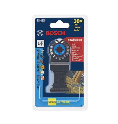 Retail packaging for the Bosch Starlock blade displaying the 30x Life rating, application icons for metal and more, and compatibility information.