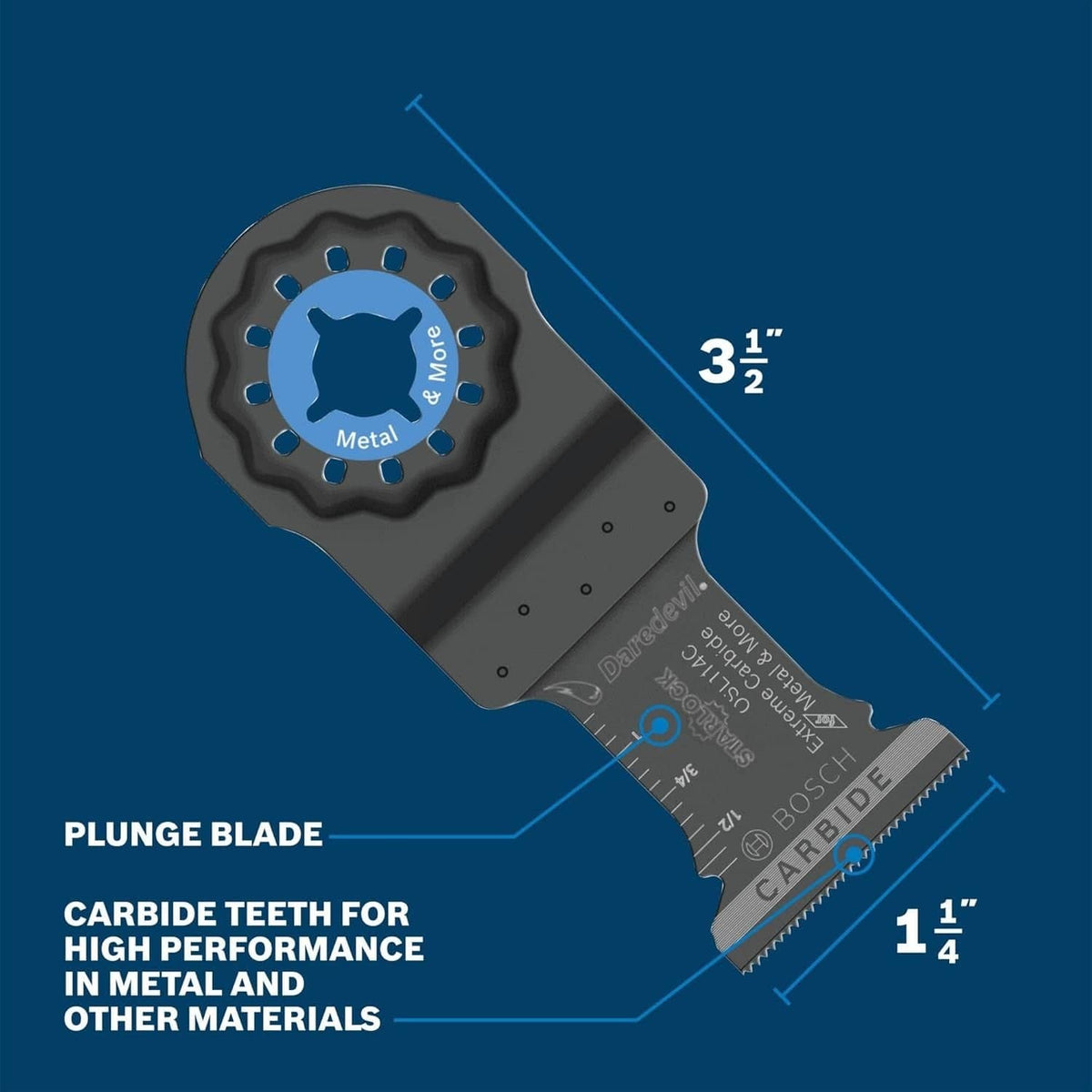 Technical diagram showing the blade dimensions with a 1-1/4 inch cutting width and 3-1/2 inch overall length.