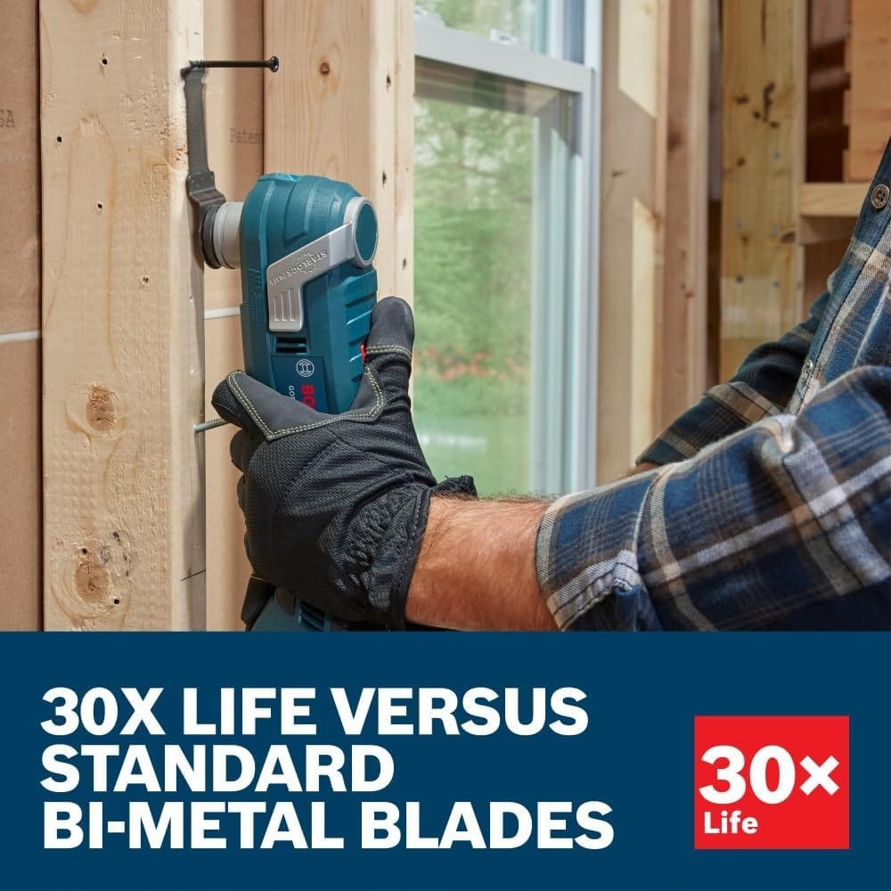 A construction worker using a blue Bosch oscillating tool to cut a nail flush against a wooden stud, with text overlay claiming 30x Life versus standard bi-metal blades.