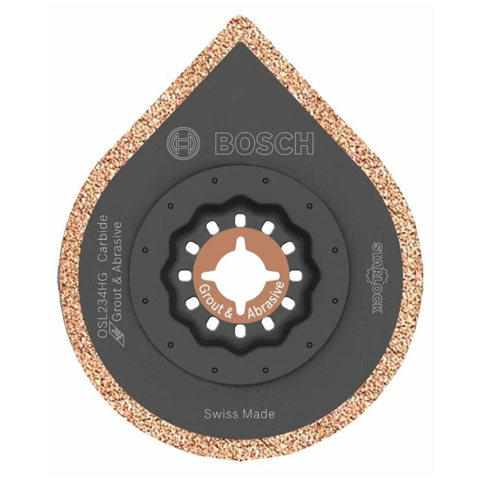 Professional product photo of the Bosch OSL234HG Starlock hybrid grout blade featuring a unique teardrop design with premium carbide grit coating for professional tile and mortar applications.