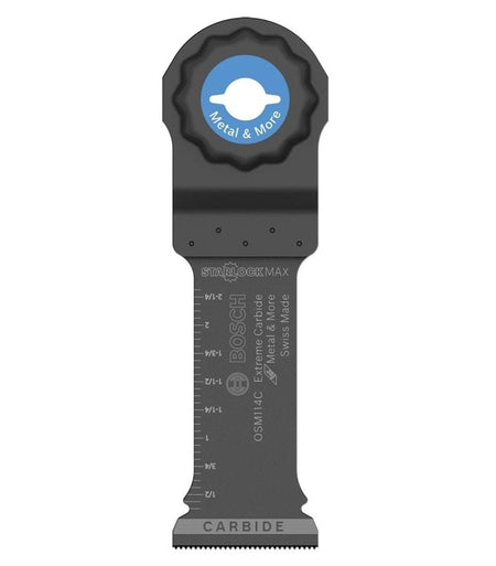 Studio view of the black Bosch OSM114C StarlockMax oscillating tool blade featuring a blue interface ring, laser-etched depth markings, and a carbide cutting edge.