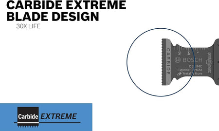 Infographic text reading Carbide Extreme Blade Design 30x Life, alongside a close-up of the carbide teeth and StarlockMax mounting interface.