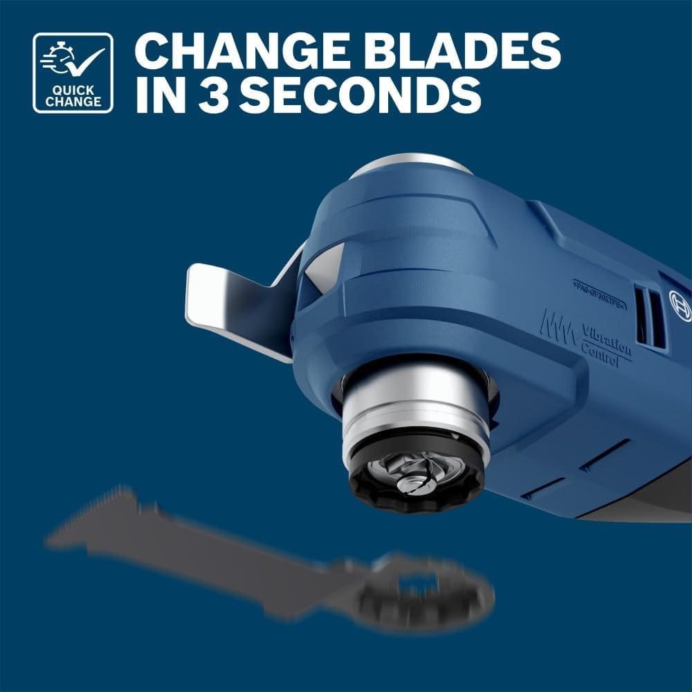 Graphic illustrating the Quick Change system with text Change Blades in 3 Seconds, showing the tool head and blade.