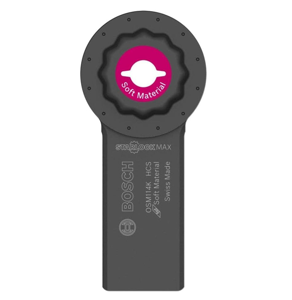 Studio view of the black Bosch OSM114K StarlockMax oscillating knife blade featuring a pink soft material icon and high-carbon steel body.