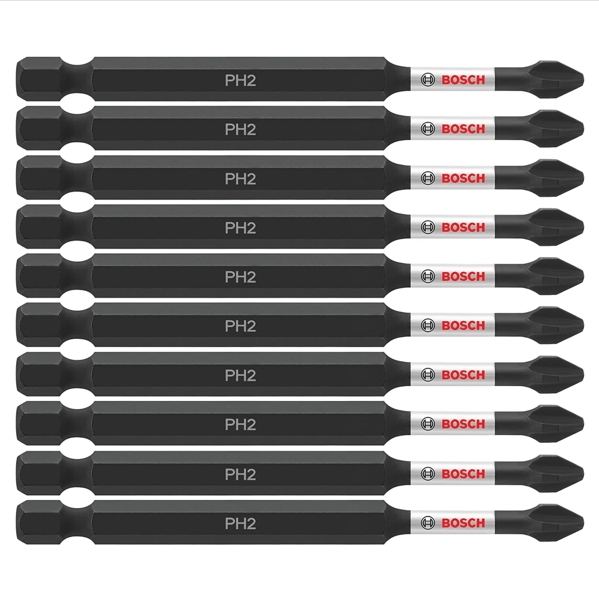 A studio product display showing a clean vertical alignment layout of the complete 10-pack of Bosch 3-1/2 inch Phillips #2 power bits, each displaying identical laser-etched PH2 markings and silver high-visibility logo sleeves against a white background.