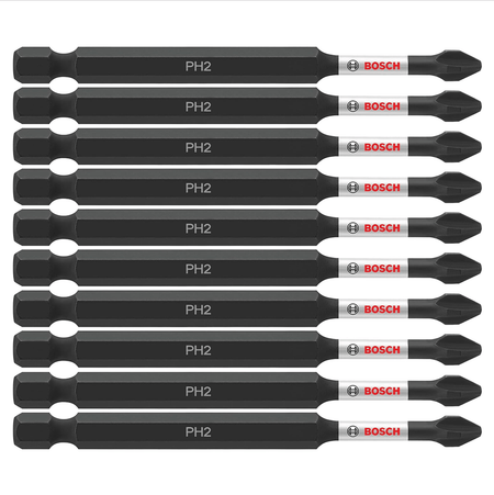 A studio product display showing a clean vertical alignment layout of the complete 10-pack of Bosch 3-1/2 inch Phillips #2 power bits, each displaying identical laser-etched PH2 markings and silver high-visibility logo sleeves against a white background.