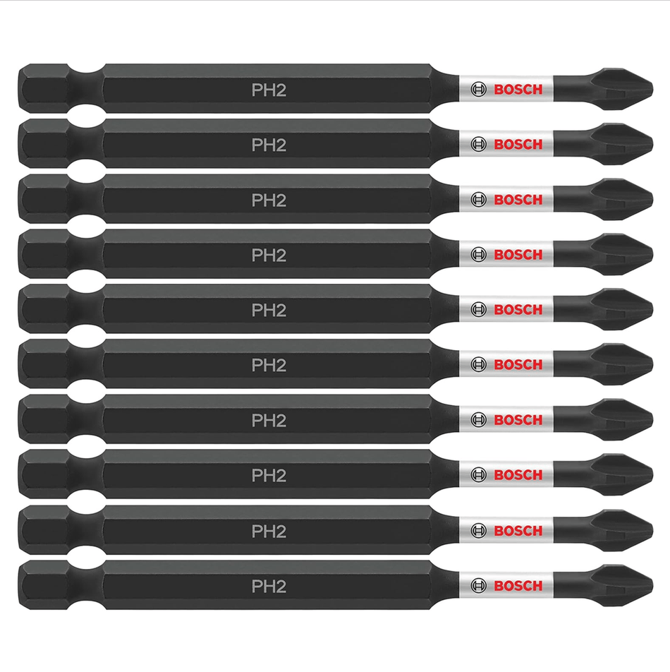 A studio product display showing a clean vertical alignment layout of the complete 10-pack of Bosch 3-1/2 inch Phillips #2 power bits, each displaying identical laser-etched PH2 markings and silver high-visibility logo sleeves against a white background.