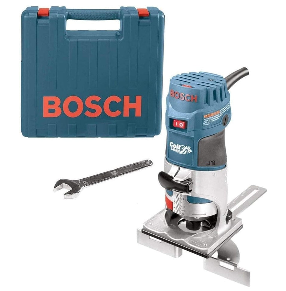 A complete Bosch PR20EVSK-RT Colt 1 HP variable-speed palm-grip router kit including the reconditioned tool with a fixed base, a straight edge guide, a forged bit-changing wrench, and a durable blue Bosch carrying case.