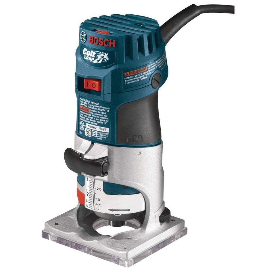 A studio shot of the Bosch PR20EVS Colt palm router featuring a blue motor housing, silver aluminum fixed base, and a black power cord.