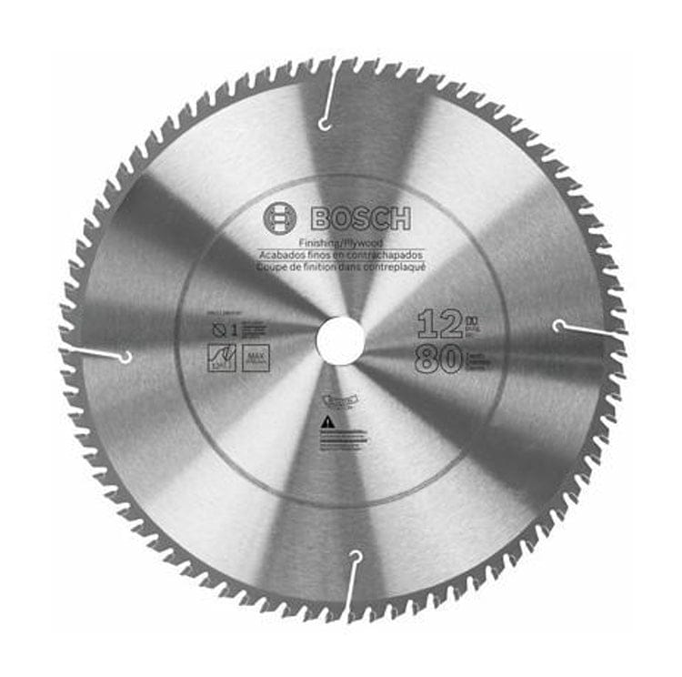 A studio product shot of the silver Bosch Professional Series 12-inch 80-tooth circular saw blade, featuring laser-cut expansion slots and oversized C4 Dyanite carbide teeth for fine plywood and finishing cuts.