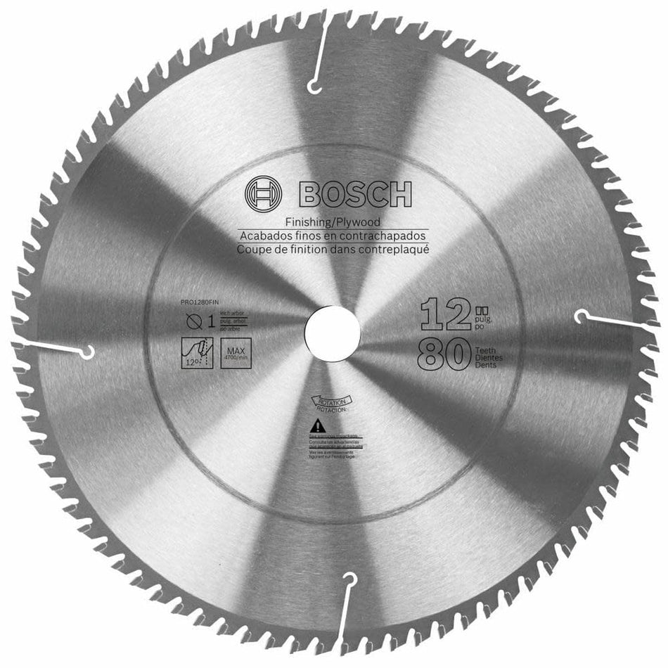 Industrial view of the Bosch PRO1280FIN circular saw blade highlighting its 12-inch diameter and 80-tooth configuration, featuring a 1-inch arbor, C4 Dyanite Carbide tips, and laser-cut expansion slots for clean finishing and plywood cuts.
