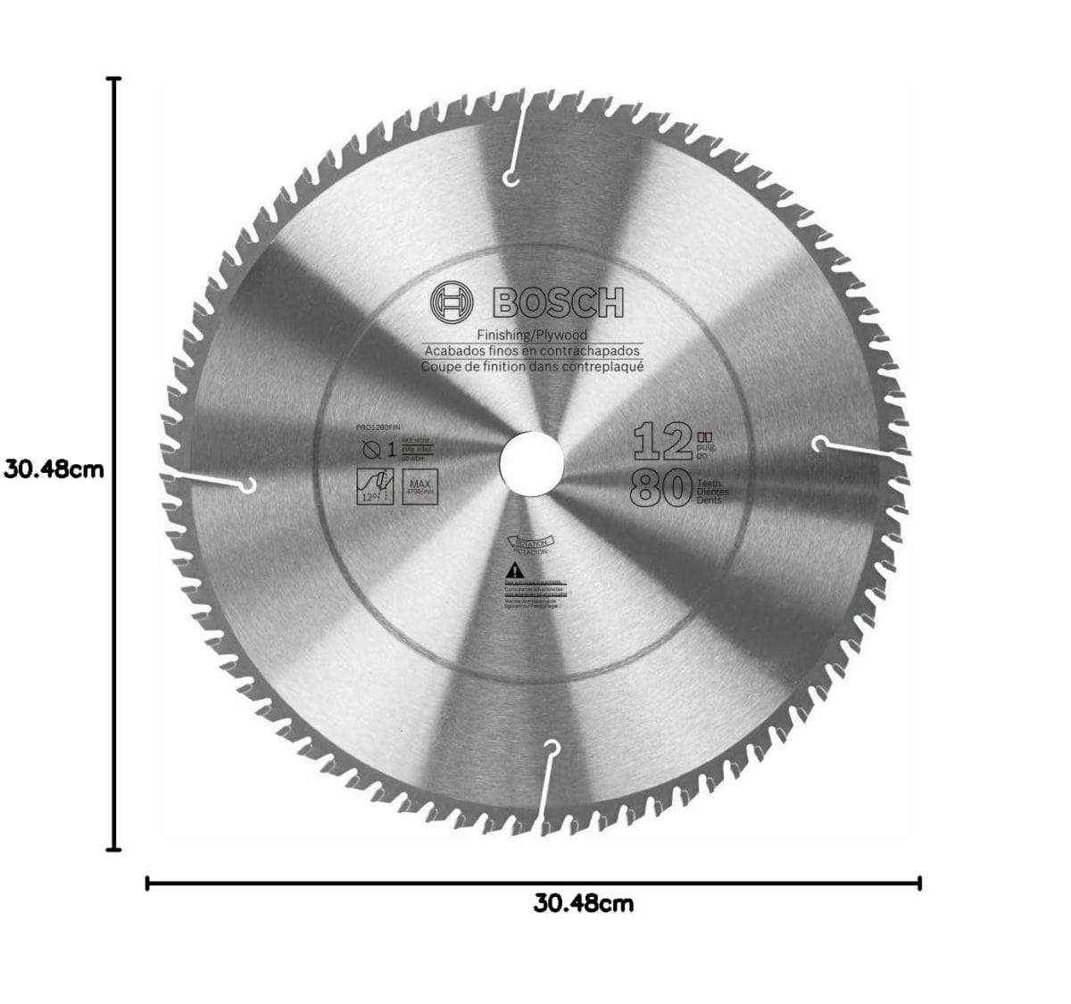 Technical dimension diagram for the Bosch PRO1280FIN plywood and finishing blade, illustrating its 30.48cm (12 inch) overall diameter, designed for precision performance in miter saws and table saws.