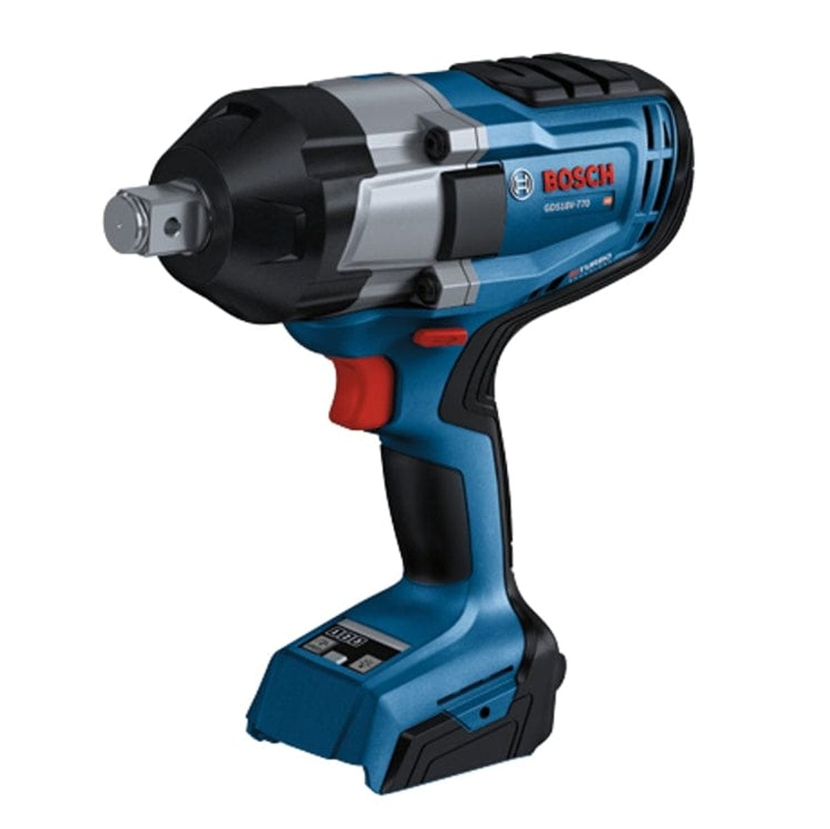 Bosch GDS18V-770 cordless impact wrench with textured grip, red trigger, and square drive, designed for heavy-duty fastening applications.