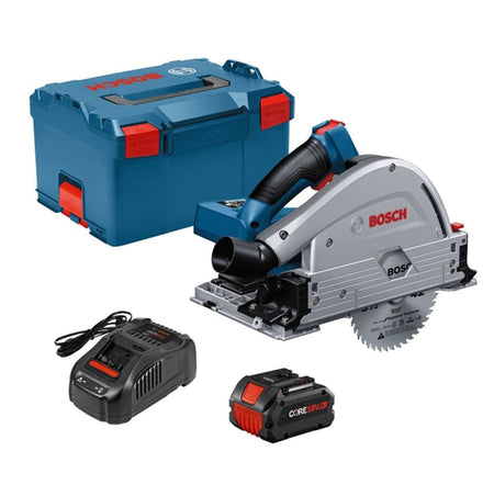Bosch cordless track saw kit including saw, CORE18V battery, charger, and carrying case, designed for precision cutting with guide rail compatibility.