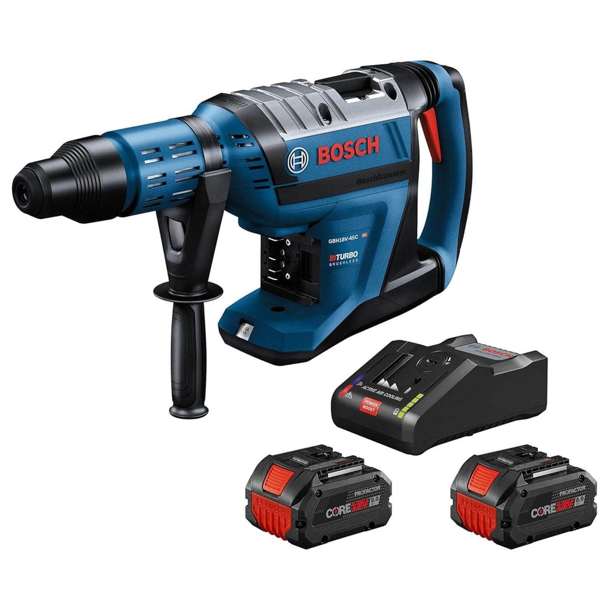 Complete Bosch PROFACTOR 18V Hitman SDS-max brushless cordless rotary hammer kit GBH18V-45CK24 featuring the main tool, 360-degree side handle, two CORE18V 8.0 Ah lithium-ion batteries, and a fast charger.